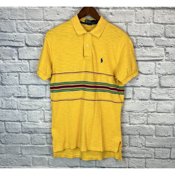 Vtg 90 Polo Ralph Lauren Yellow Multicolor Stripe Short Sleeve Men Sz Small Flaw - Picture 2 of 10